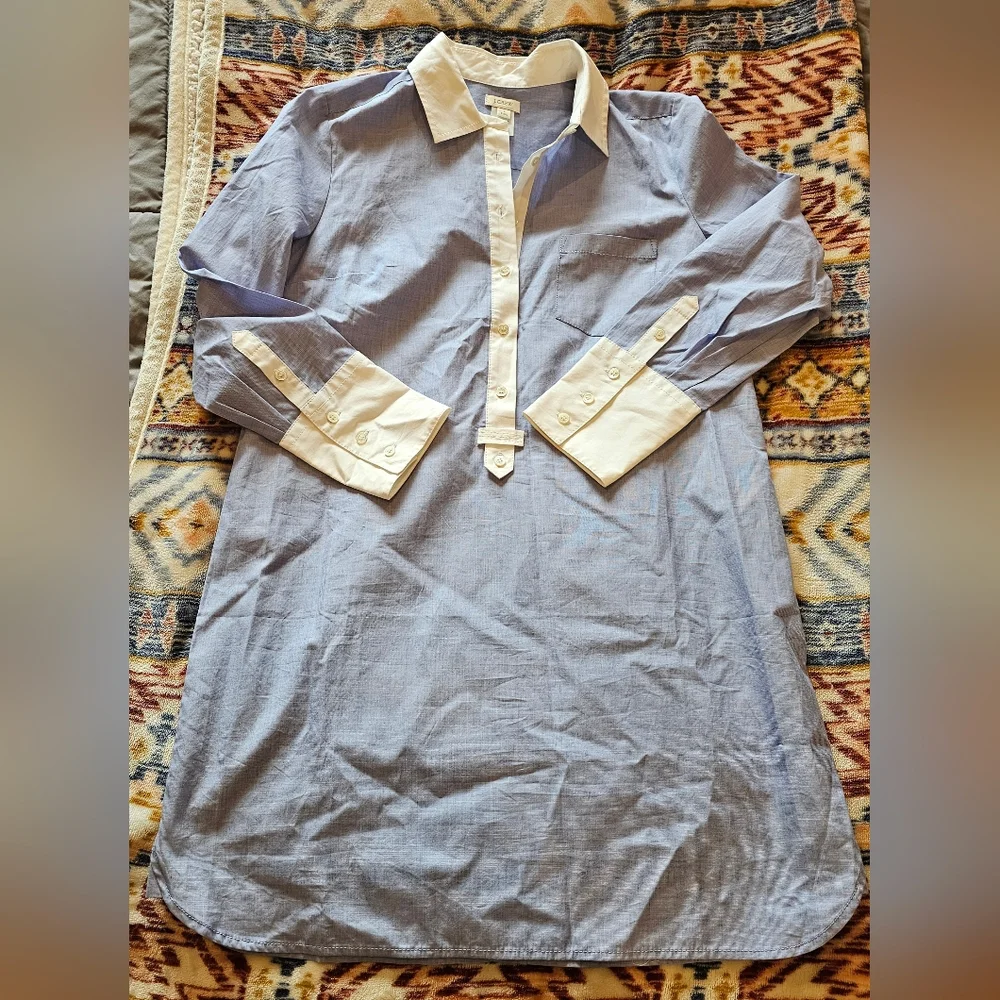 J. Crew Blue and White Collared Midi Shirt Dress